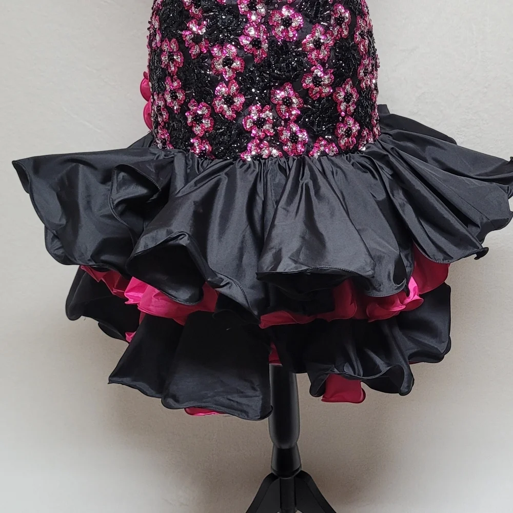 80s Vintage Alyce Designs Black Pink Sequin Floral Ruffle Bustier Mini Dress 6 - Picture 12 of 13